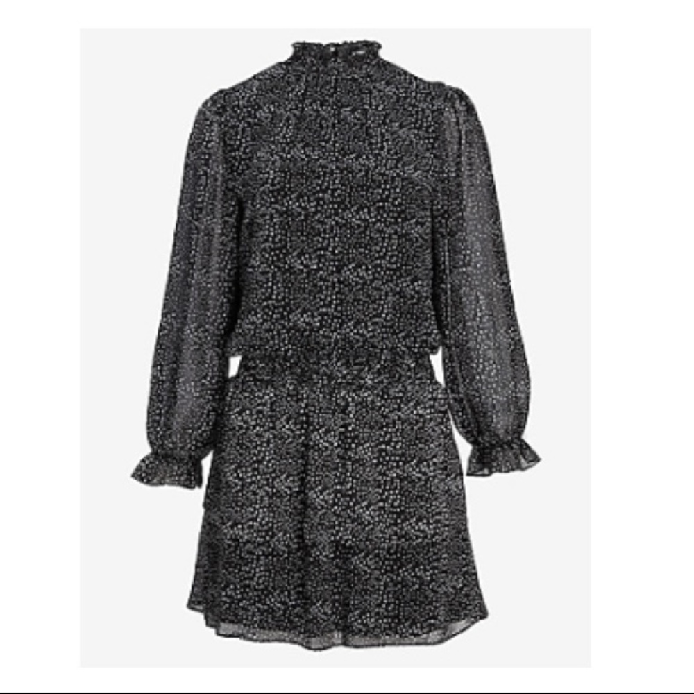 printed smocked waist ruffle mock neck dress